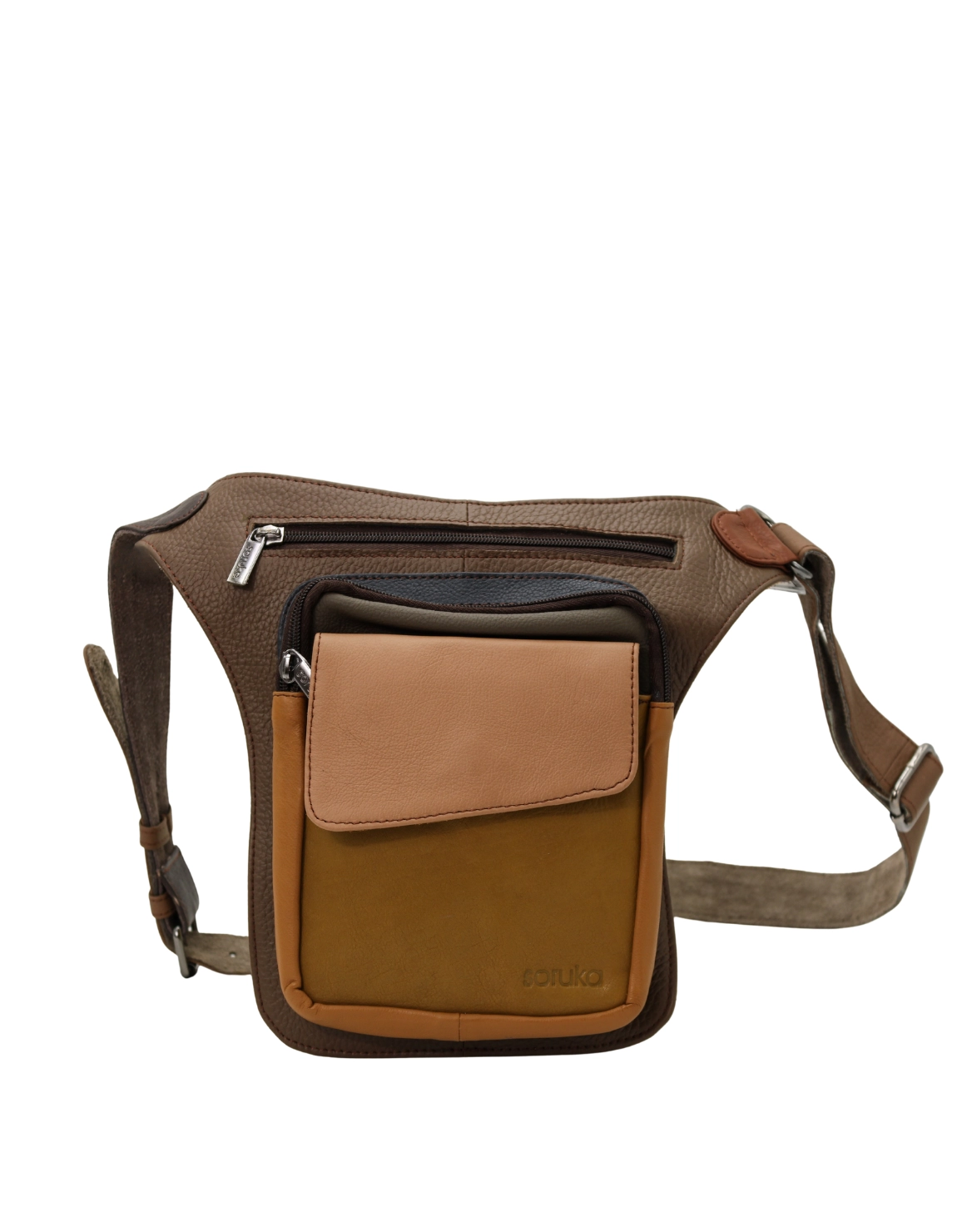 Handmade recycled leather belt bag in neutral tones with three zip compartments