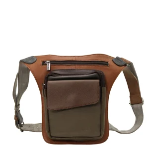 Handmade recycled leather belt bag in neutral tones with three zip compartments