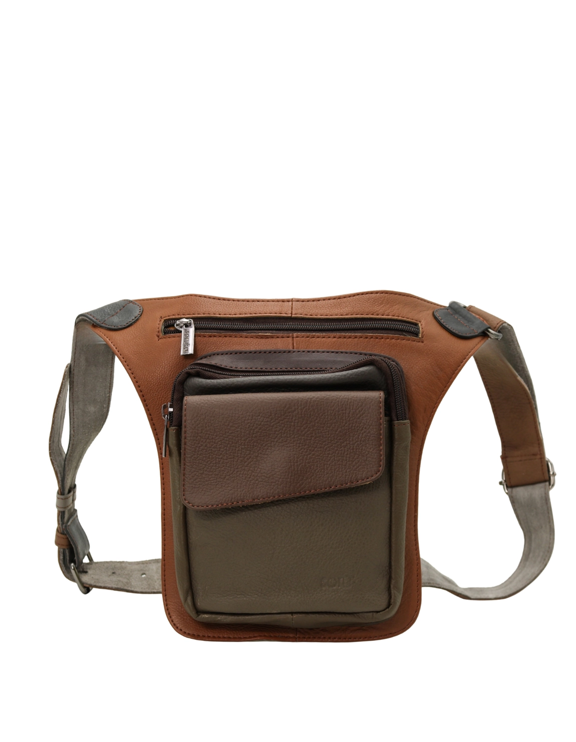 Handmade recycled leather belt bag in neutral tones with three zip compartments