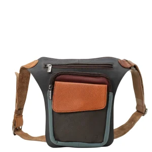 Handmade recycled leather belt bag in neutral tones with three zip compartments