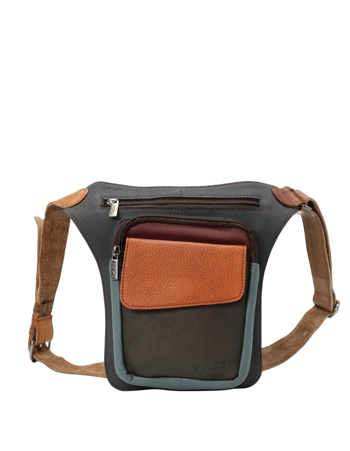 Handmade recycled leather belt bag in neutral tones with three zip compartments