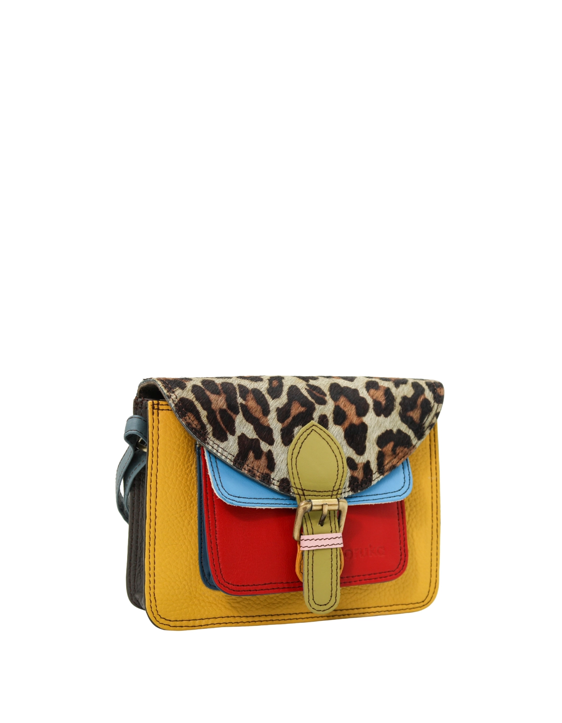 Red and Yellow tones with animal print flap and adjustable shoulder strap