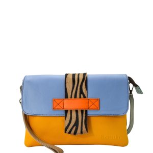 Women’s recycled leather crossbody bag in Blue and Yellow with reversible design