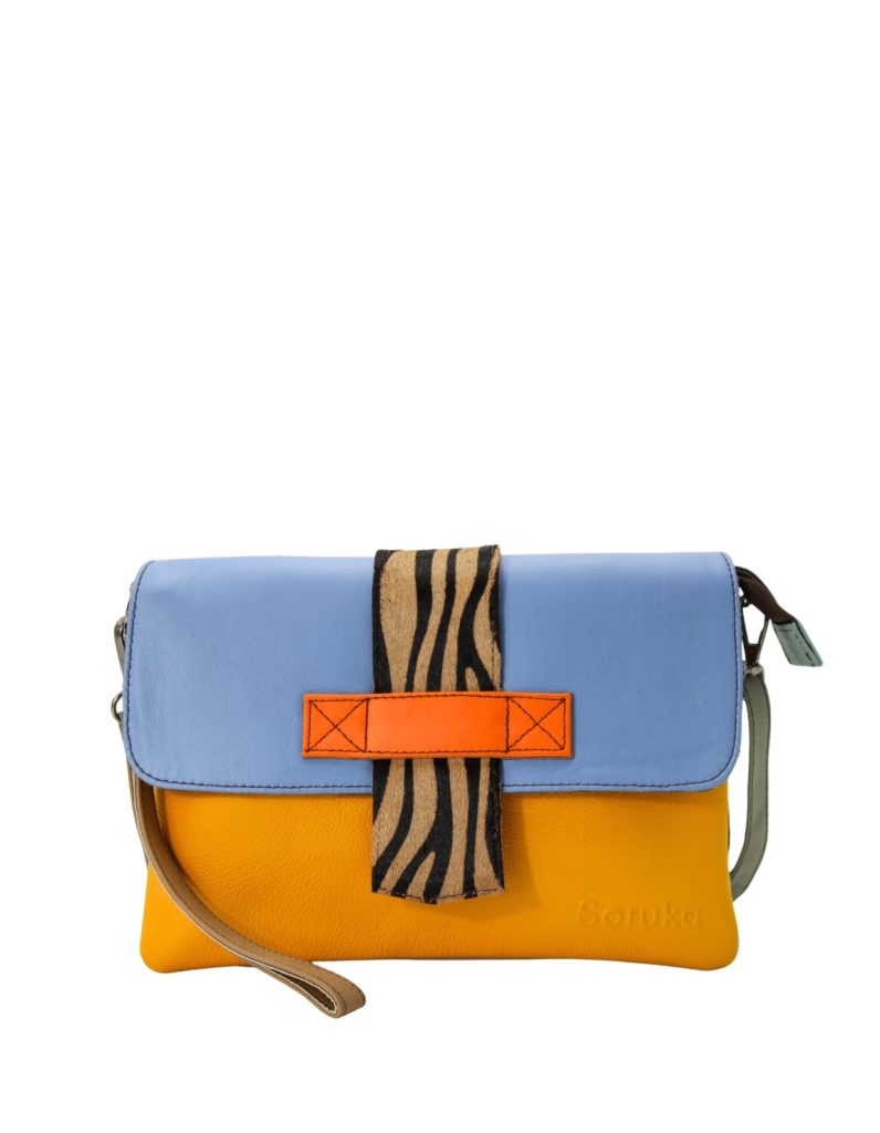 Women’s recycled leather crossbody bag in Blue and Yellow with reversible design