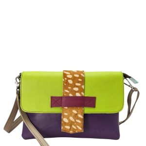 Women’s recycled leather crossbody bag in Blue and Yellow with reversible design