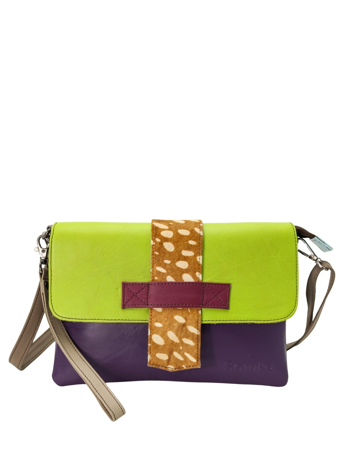 Women’s recycled leather crossbody bag in Blue and Yellow with reversible design