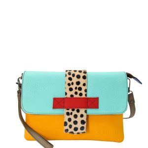 Women’s recycled leather crossbody bag in Green and Purple with reversible design