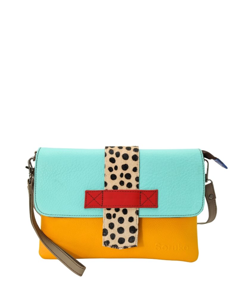 Women’s recycled leather crossbody bag in Green and Purple with reversible design