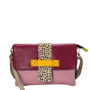 Women’s recycled leather crossbody bag in Pink and Purple with reversible design