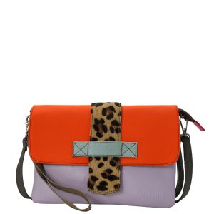 Women’s recycled leather crossbody bag in Orange and Pink with reversible design