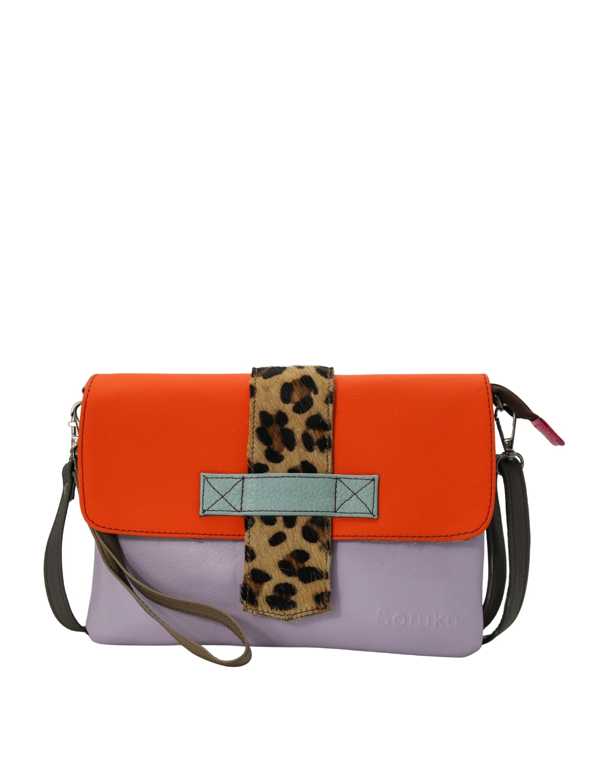 Women’s recycled leather crossbody bag in Orange and Pink with reversible design