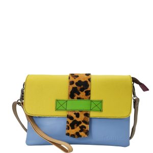 Women’s recycled leather crossbody bag in Yellow and Blue with reversible design