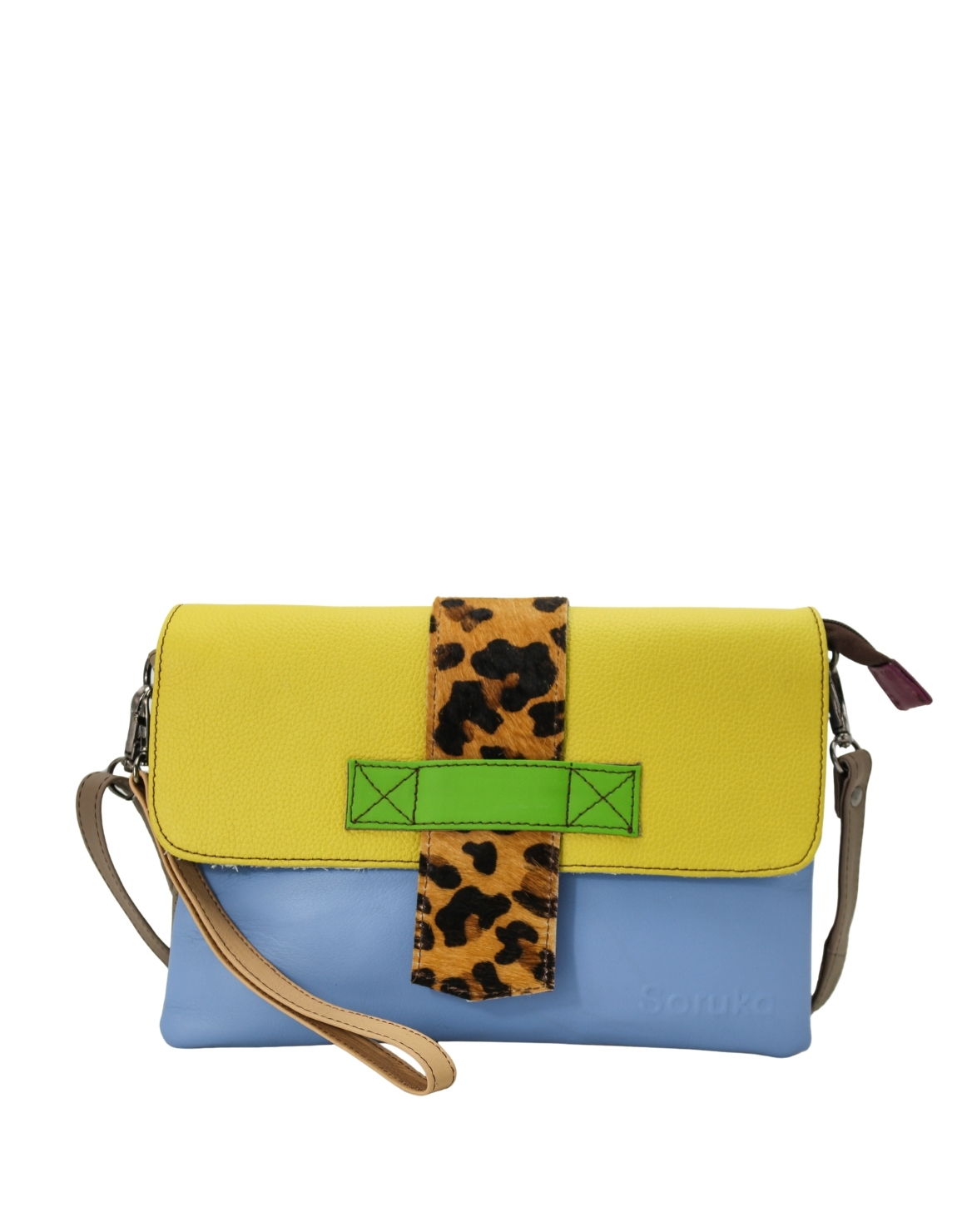 Women’s recycled leather crossbody bag in Yellow and Blue with reversible design
