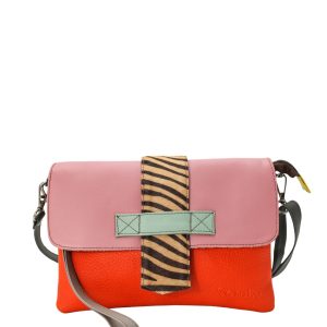 Women’s recycled leather crossbody bag in Red and Purple with reversible design