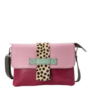 Women’s recycled leather crossbody bag in Pink and Purple with reversible design