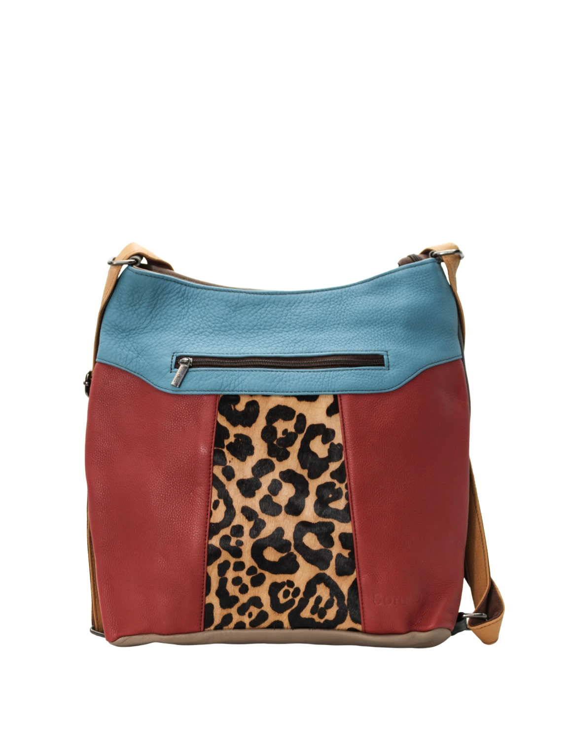 Handmade recycled leather convertible backpack in red and blue tones with animal print and adjustable strap