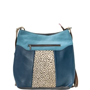 Handmade recycled leather convertible backpack in blue tones with animal print and adjustable strap