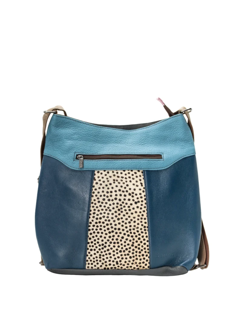Handmade recycled leather convertible backpack in blue tones with animal print and adjustable strap