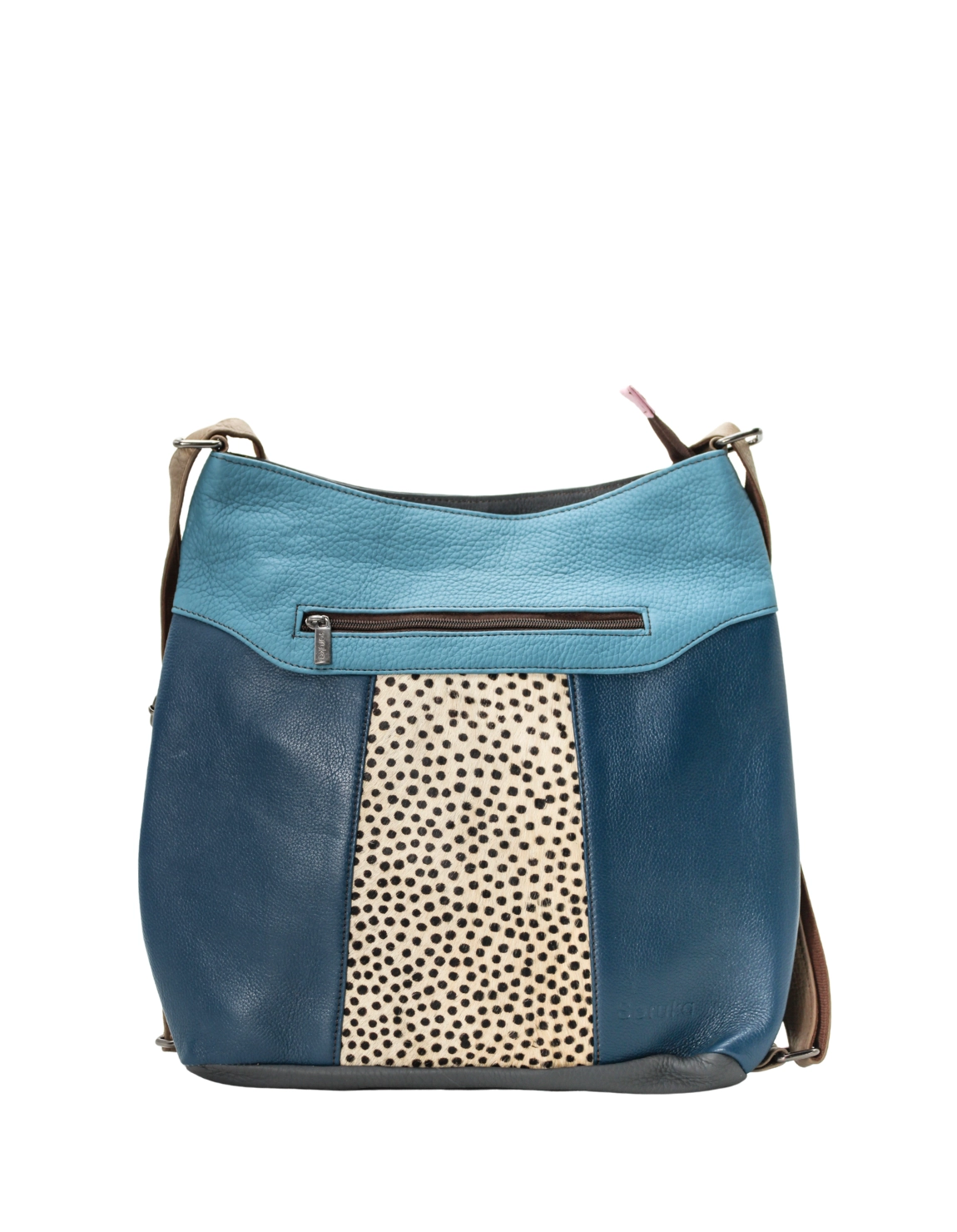 Handmade recycled leather convertible backpack in blue tones with animal print and adjustable strap
