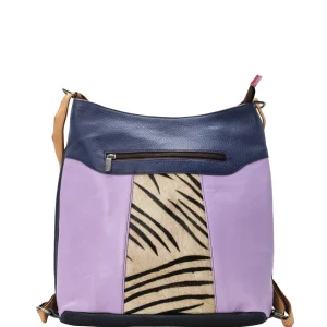 Handmade recycled leather convertible backpack in purple and blue tones with animal print and adjustable strap