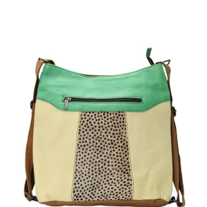 Handmade recycled leather convertible backpack in yellow and green tones with animal print and adjustable strap