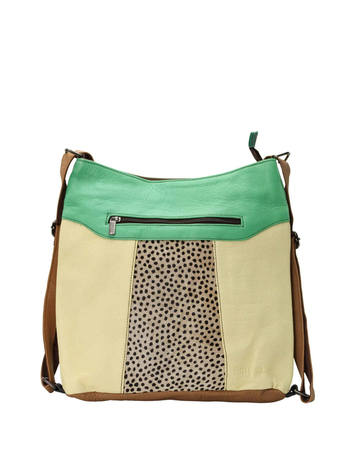 Handmade recycled leather convertible backpack in yellow and green tones with animal print and adjustable strap