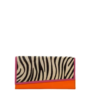 Handmade recycled leather wallet in Orange with animal print flap, multiple card slots and magnetic clasps