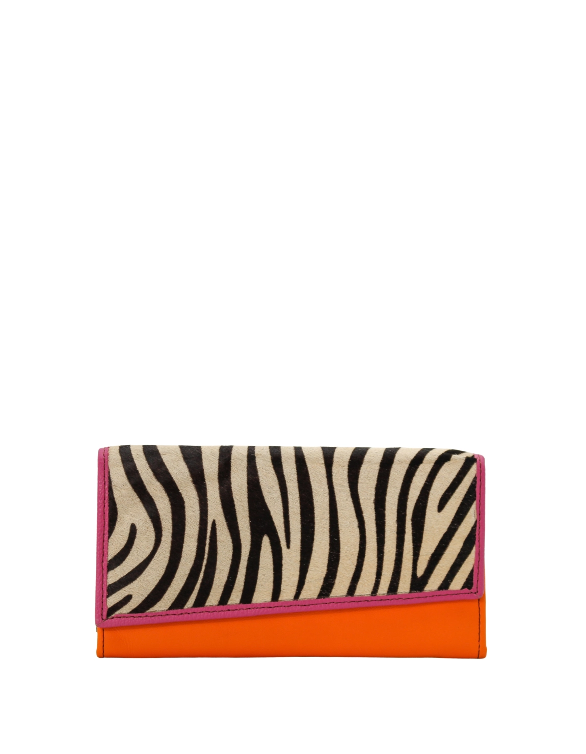 Handmade recycled leather wallet in Orange with animal print flap, multiple card slots and magnetic clasps