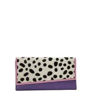 Handmade recycled leather wallet in Purple with animal print flap