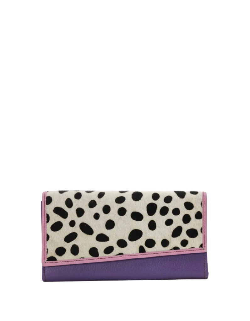 Handmade recycled leather wallet in Purple with animal print flap