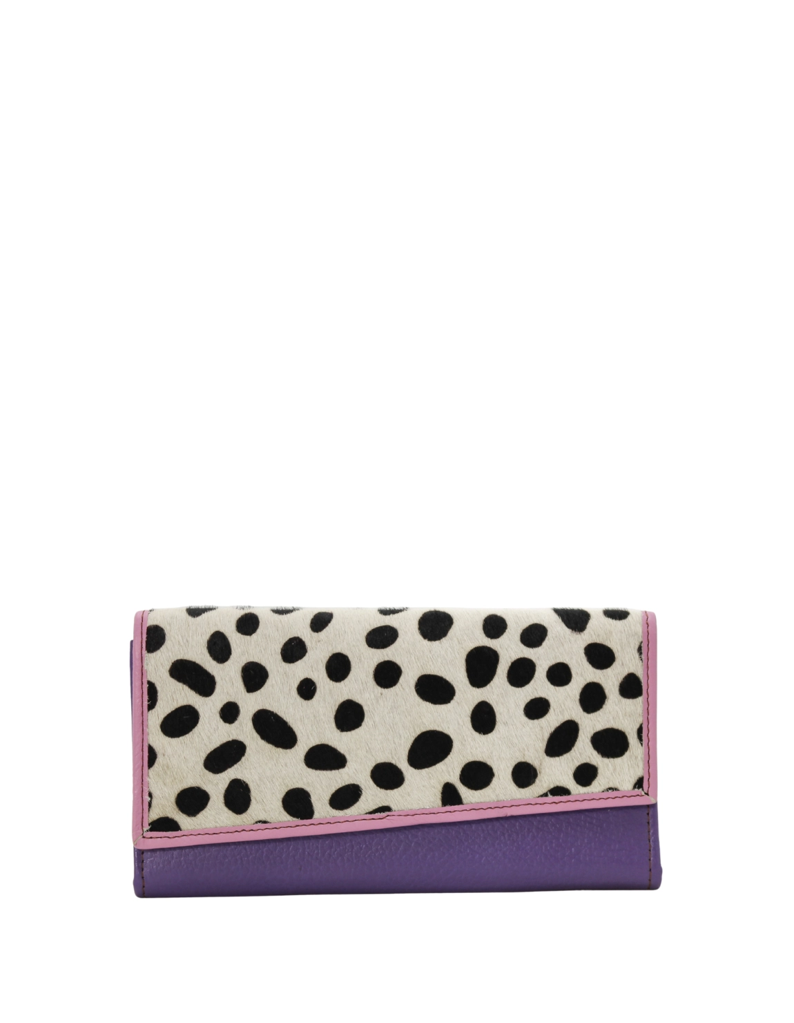 Handmade recycled leather wallet in Purple with animal print flap