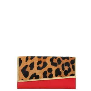 Handmade recycled leather wallet in red with animal print flap
