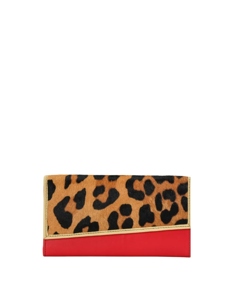 Handmade recycled leather wallet in red with animal print flap