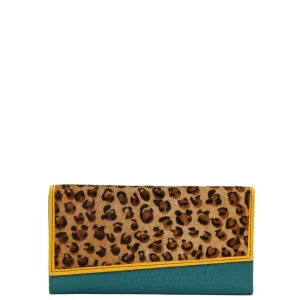 Handmade recycled leather wallet in Blue with animal print flap