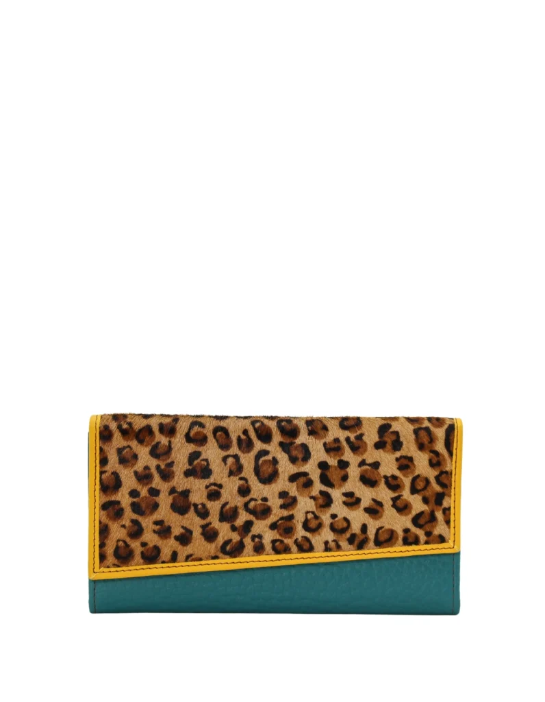 Handmade recycled leather wallet in Blue with animal print flap