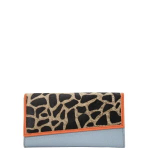 Handmade recycled leather wallet in Light Blue with animal print flap
