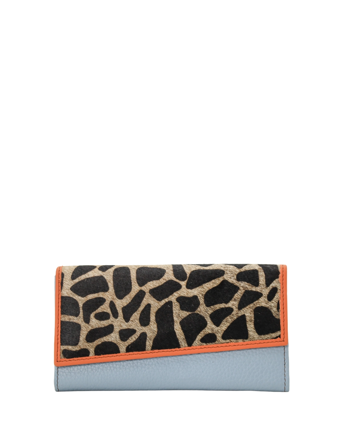 Handmade recycled leather wallet in Light Blue with animal print flap