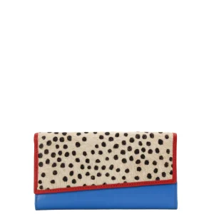 Handmade recycled leather wallet in Blue with animal print flap