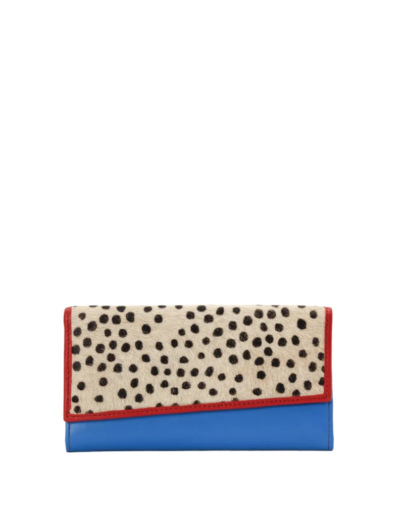 Handmade recycled leather wallet in Blue with animal print flap