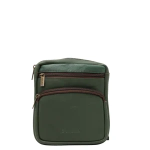 Men’s recycled leather belt bag in Dark Green tones with animal print and adjustable waist strap