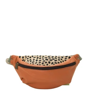 Handmade recycled leather belt bag in Orange tones with zip pockets and adjustable strap
