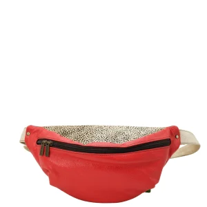 Handmade recycled leather belt bag in Red tones with zip pockets and adjustable strap