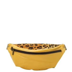 Handmade recycled leather belt bag in Yellow tones with zip pockets and adjustable strap