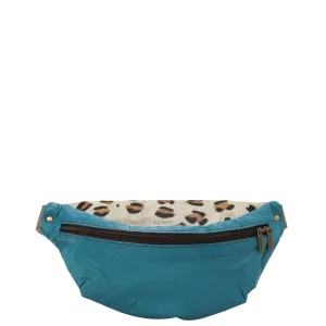 Handmade recycled leather belt bag in Blue tones with zip pockets and adjustable strap