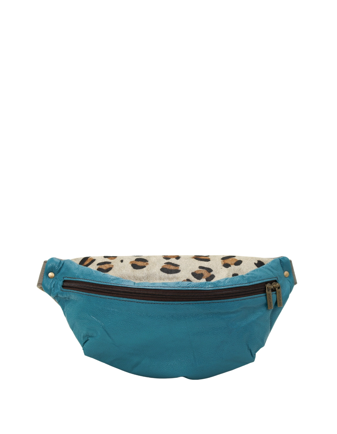 Handmade recycled leather belt bag in Blue tones with zip pockets and adjustable strap