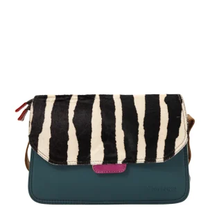Handmade recycled leather saddle bag in Purple and Blue tones with reversible animal print flap and adjustable shoulder strap
