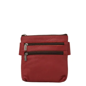 Handmade recycled leather belt bag in Red tones with four zip compartments and adjustable strap