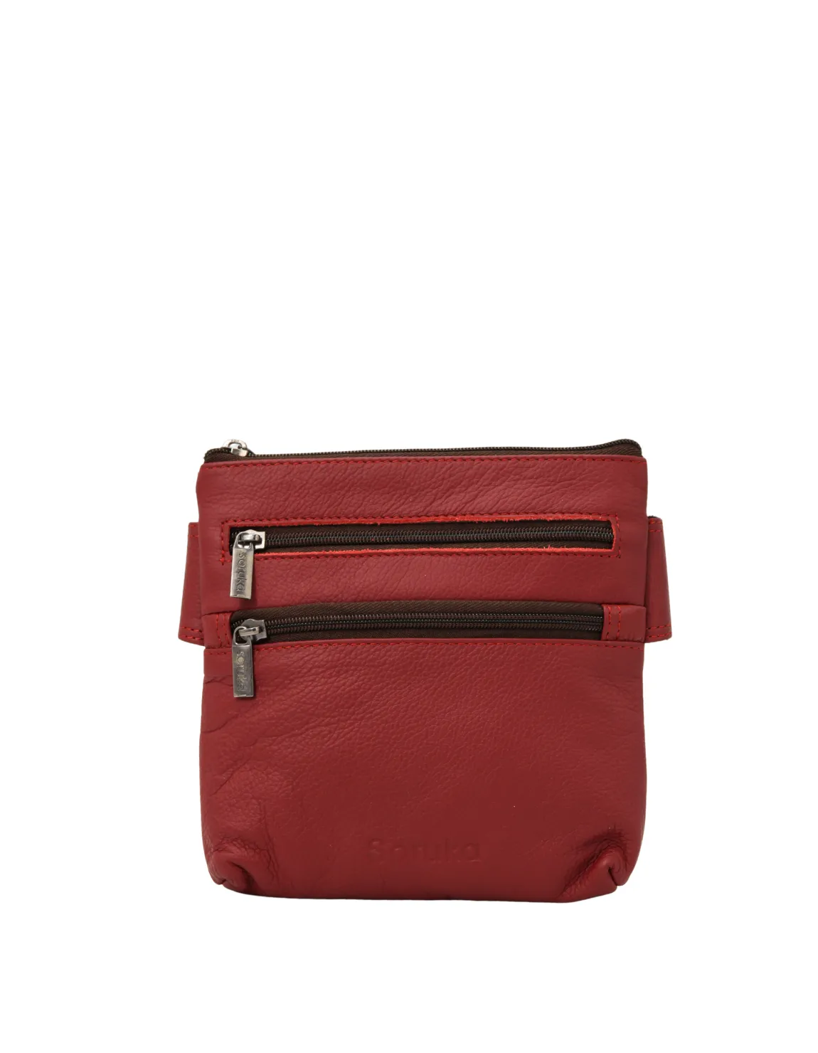 Handmade recycled leather belt bag in Red tones with four zip compartments and adjustable strap
