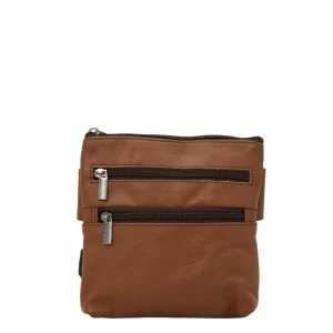 Handmade recycled leather belt bag in Brown tones with four zip compartments and adjustable strap