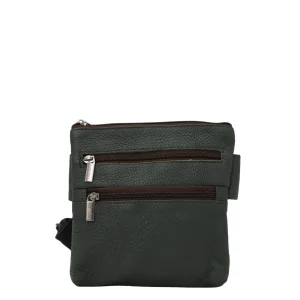 Handmade recycled leather belt bag in Green tones with four zip compartments and adjustable strap